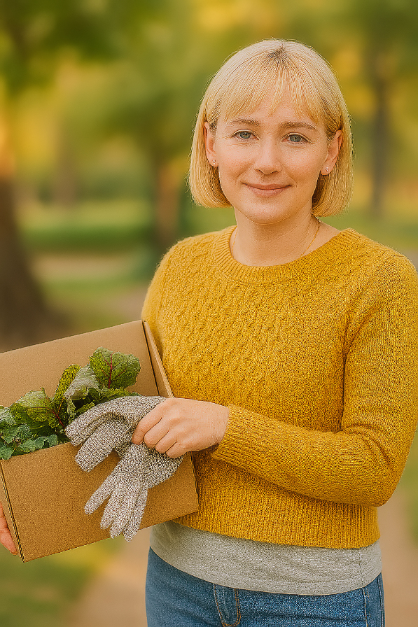 Jenni wearing an orange sweater in the garden.