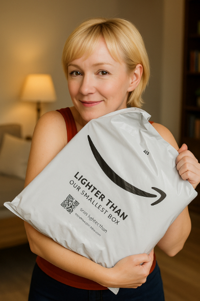 Jenni with an Amazon package, smiling and happy.