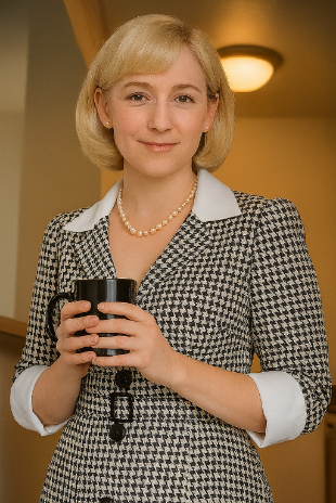 Jenni wearing a black and white dress.
