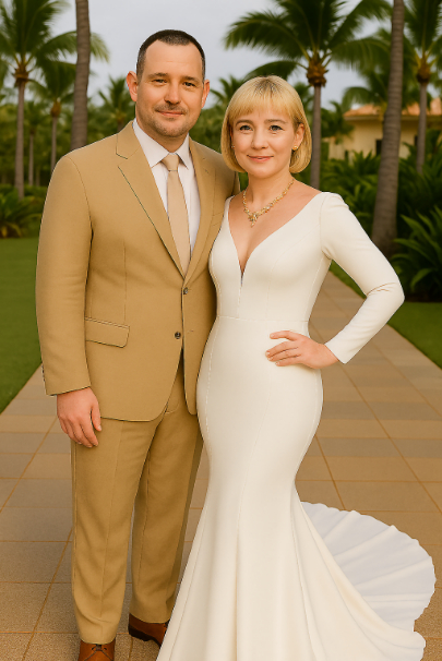 Bride and groom on wedding day.