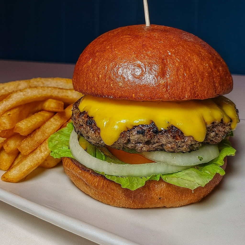 Cheeseburger and french fries.