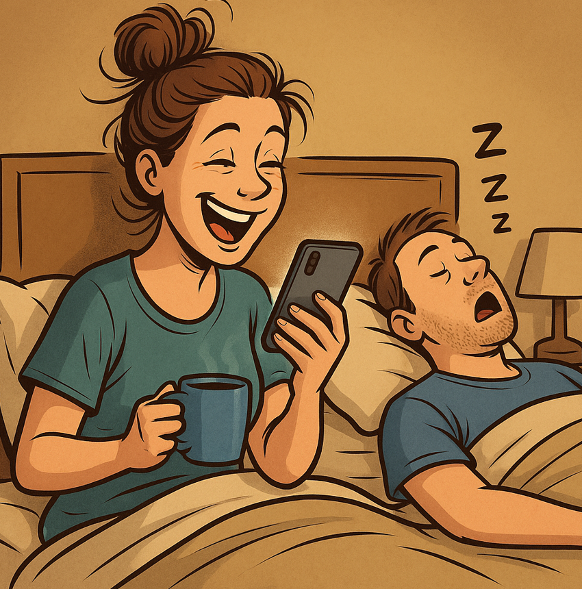 Drawing of a mom blogger laughing while reading an article.