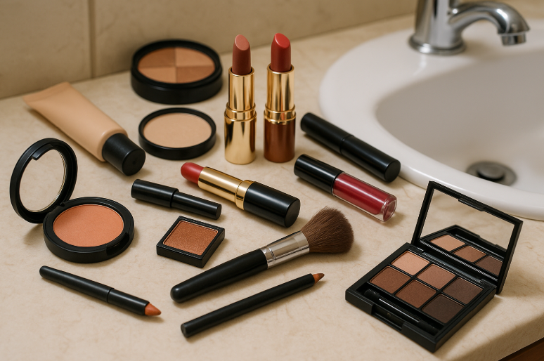 Several items of makeup on a bathroom counter.