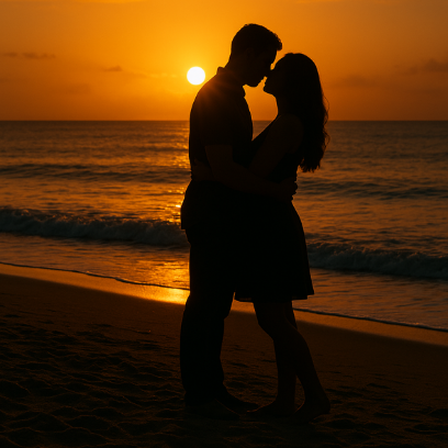 A couple embraces on the beach at sunrise.