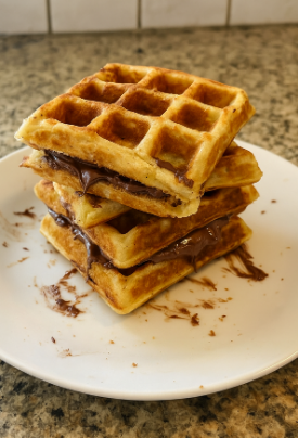 Stuffed waffles with nutella on a white plate.